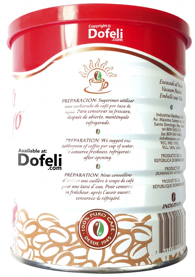 Premium Dominican Santo Domingo ground coffee, rich and bold. A top-quality dark roast in a sealed can.